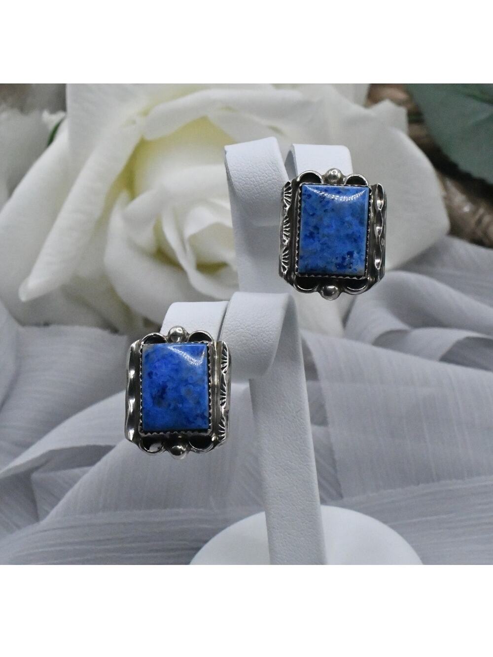 Navajo Augustine Largo Sterling Denim Lapis Earrings Signed Auggie L 925